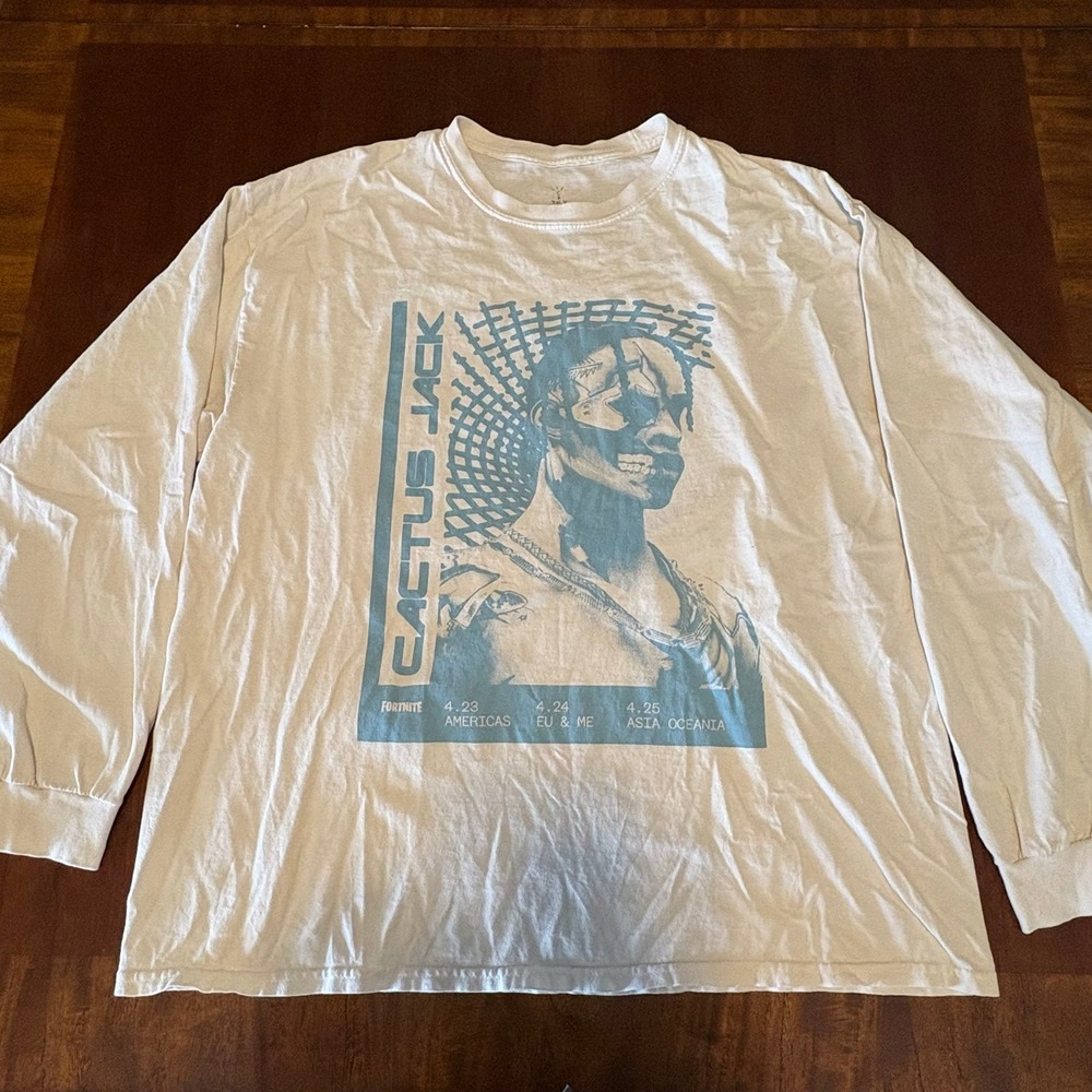 Travis Scott Cactus Jack Fortnite Long Sleeve T Shirt Men's L White Tour Graphic